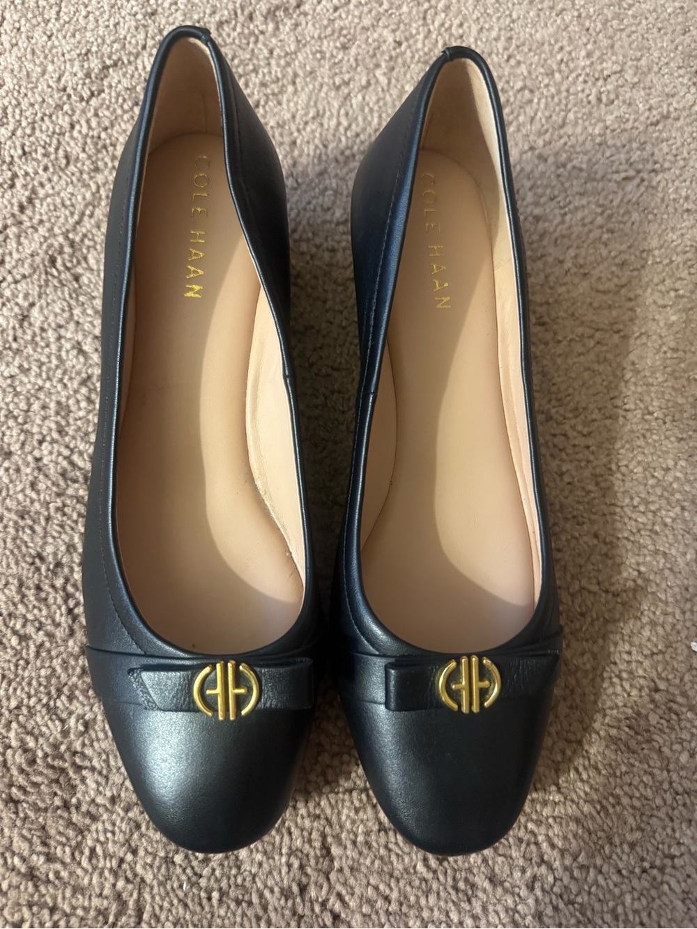 Cole Haan Black Leather Ballet Flats with Gold Logo - Picture 6 of 6